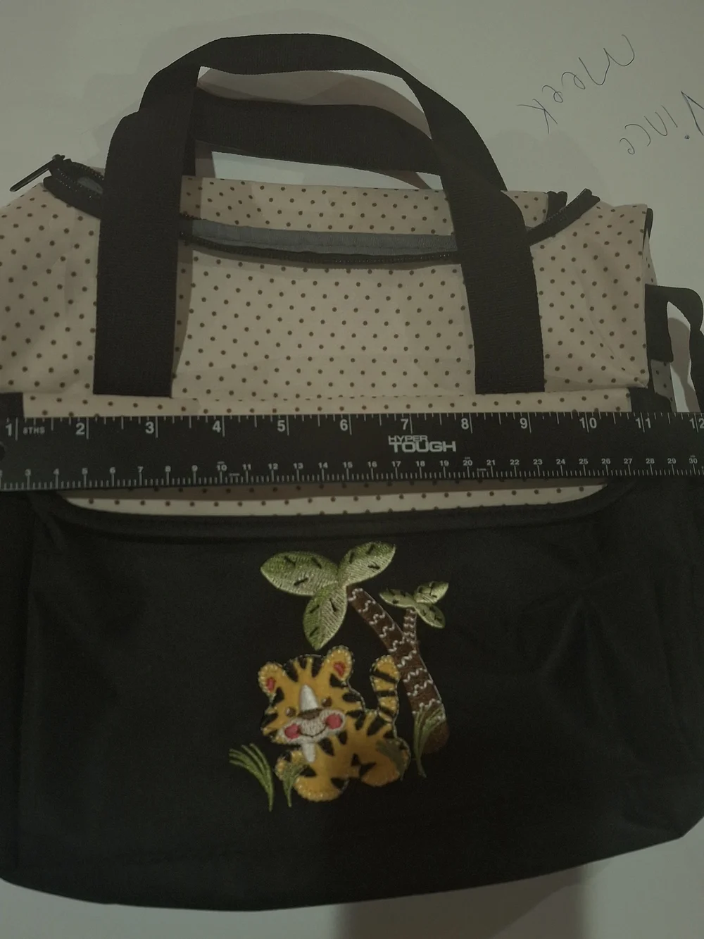 Black and Cream Polka Dot Tote Diaper Bag with Embroidered Tiger